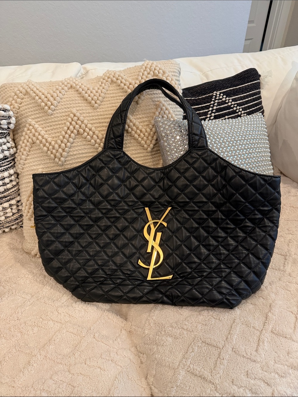 Saint Laurent Black Quilted Leather Tote with Gold Logo